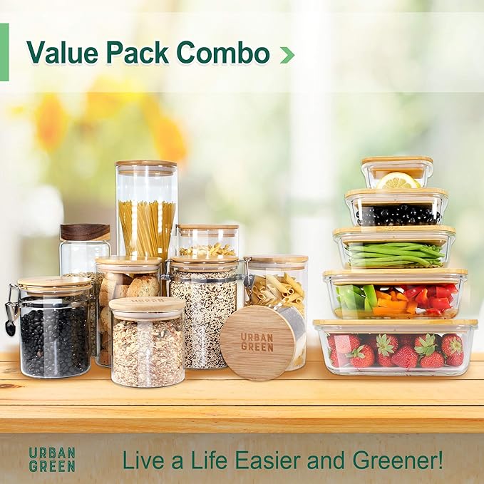 Urban Green Glass Jars with Bamboo Lids, Glass Airtight Canisters sets, Food Storage Container, Pantry Organization and Storage Jars, Kitchen Canisters Sets, Flour Containers of 6-Ruum Studio Home