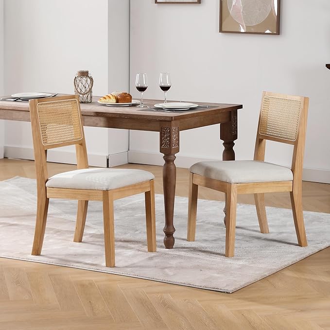 Westice Rattan Dining Chairs Set of 4, Farmhouse Natural Dining Room Chairs with Upholstered Cushion, Wood Armless Chairs for Kitchen/Restaurant-Ruum Studio Home