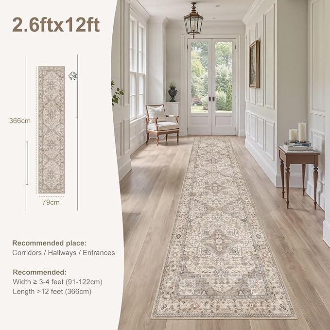 Washable 2.6x12 Runner Rug - Area Rugs Neutral Vintage Distressed Floral Farmhouse Boho Large Soft Floor Rug Indoor Carpet for Hallway Entryway Kitchen Home - Brown/Multi-Ruum Studio Home