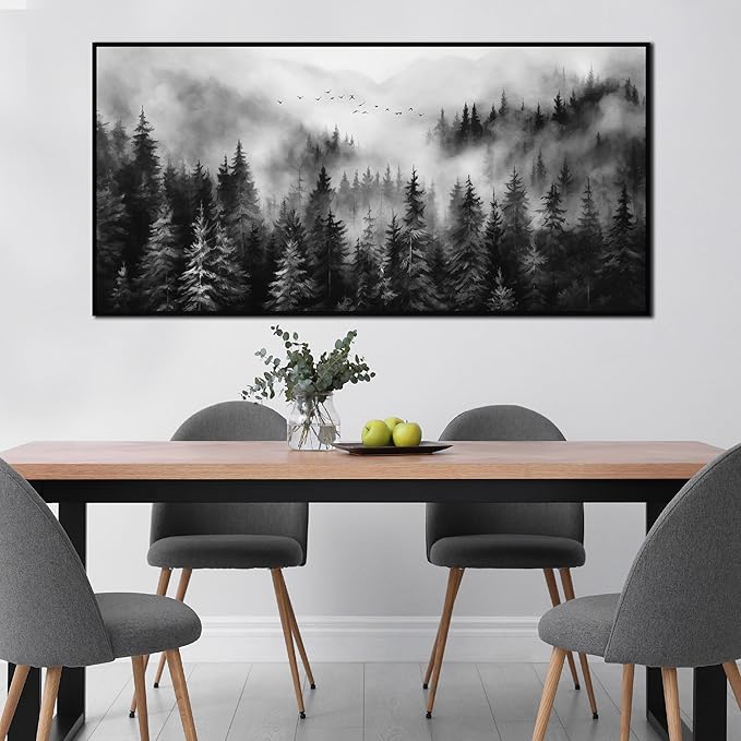 Foggy Forest Wall Art for Living Room Black and White Pictures for Wall Home Office Wall Decor with Black Frame 29 x 58 Inch-Ruum Studio Home