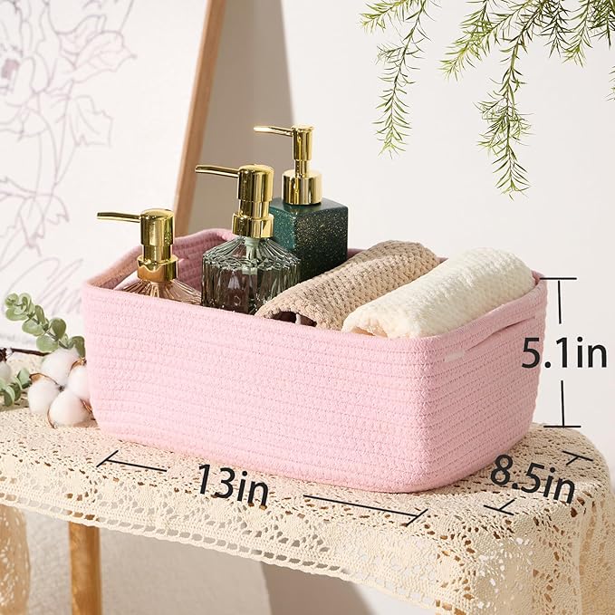 Small Storage Baskets for Organizing | Closet Organizer Bins | Shelf Toy Basket | Woven Rope Baskets | Cube Decorative Box | Shallow Basket | 13x8.5x5.1” | 3 Packs Pink-Ruum Studio Home