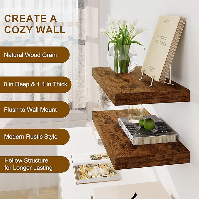 Fun Memories Floating Shelves for Wall, 8 Inch Deep Floating Wall Shelf, 16" x 8" Floating Shelves - Set of 2, Rustic Wooden Storage Shelves for Bathroom, Living Room, Kitchen, Rustic Brown Color-Ruum Studio Home