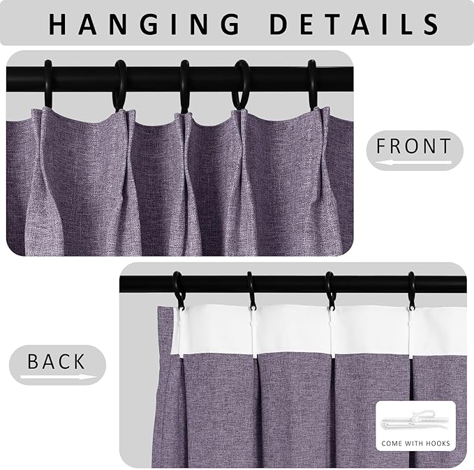Macochico 100”Wx102”L 100% Blackout Pinch Pleated Linen Curtains for Sliding Door Bedroom Living Room Farmhouse Thermal Insulated Violet Burlap Drapes with Tieback 1 Panel Shabby Chic Style-Ruum Studio Home