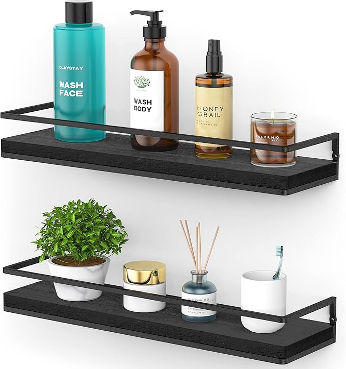 Meangood Floating Shelves Wall Mounted Set of 2, Rustic Wood Wall Storage Shelves for Bedroom,Living Room,Bathroom, Kitchen (Black)-Ruum Studio Home
