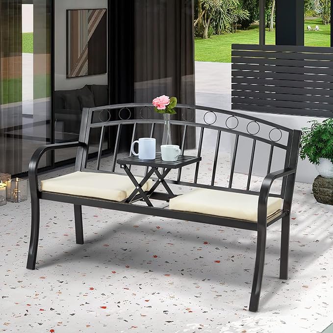 AVAWING Outdoor Metal Garden Bench, 2-Seat Patio Porch Bench with Steel Frame, Park Bench w/Pullout Middle Table＆ Cushion for Backyard Lawn Deck Entryway, Black-Ruum Studio Home