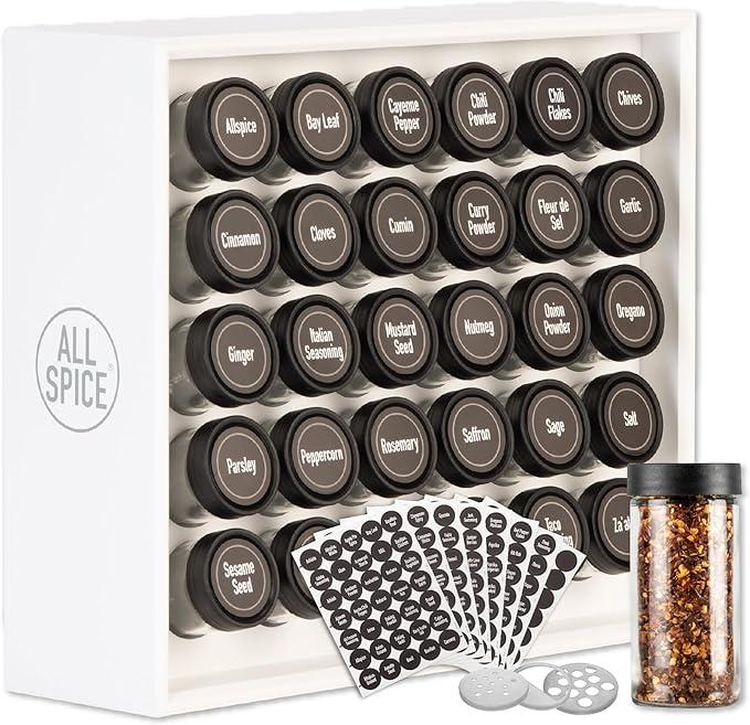 AllSpice Spice Rack Organizer, Wood, 525 Unique Labels, Countertop or Wall Mount, Includes 30 4oz Jars- Matte White-Ruum Studio Home