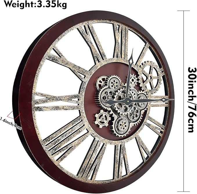 The B-Style Large Real Moving Gears Wall Clock 30 inch Rustic Retro Industrial Farmhouse Wood Clock Oversized Decorative Vintage Wall Clocks for Living Room (Cherry red and Bronze-Ruum Studio Home
