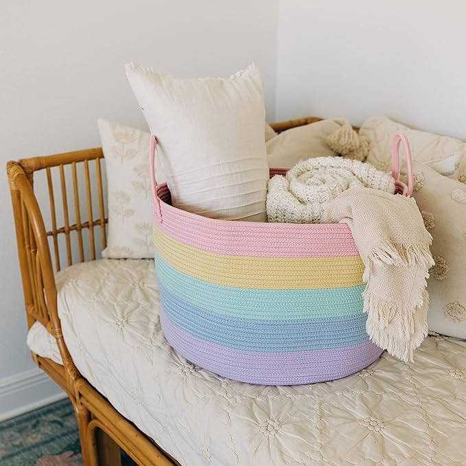 OrganiHaus Cute Basket for Pastel Rainbow Classroom Decor 20x13, Toy Basket Storage for Kids Room, Toy Bins for Kids Organizer, Large Blanket Basket Living Room, Rainbow Storage Bins, Nursery Hamper-Ruum Studio Home