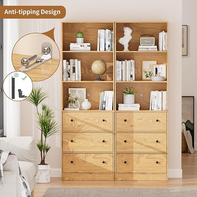 71" Tall Bookshelves Set of 2, Bookcases with Drawers, Bookshelves with Storage, Wooden Bookshelf with 3 Drawers & 3-Tier Open Shelves,Home Decor Furniture for Living Room,Bedroom,Home,Natural-Ruum Studio Home