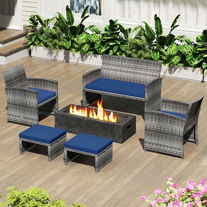 Tangkula 2 Pieces Patio PE Rattan Ottomans, Multipurpose Outdoor Footstool Footrest Additional Seating Side Table with Soft Zippered Cushions for Deck, Garden, and Yard (Navy Blue)-Ruum Studio Home