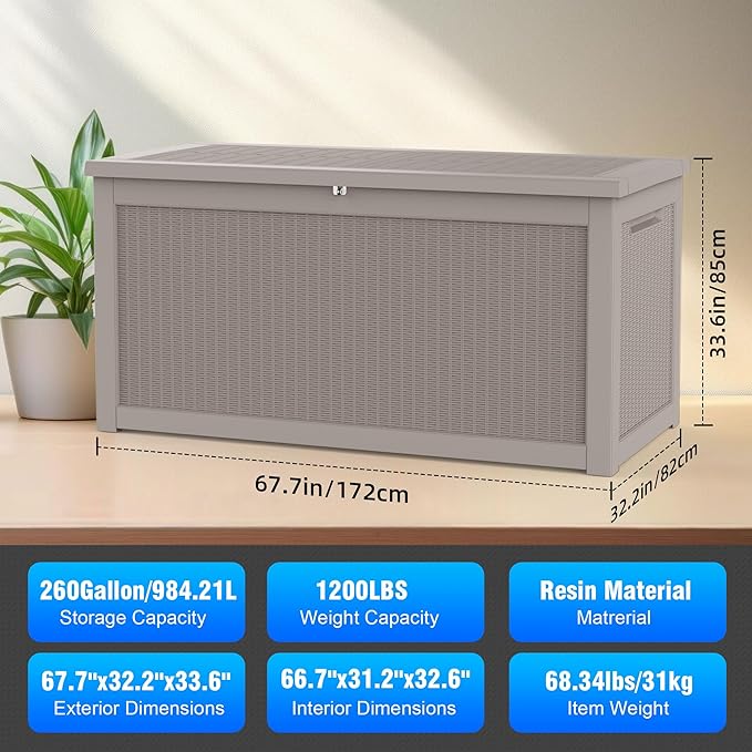 260 Gallon Deck Box XXL Large Outdoor Storage for Patio Furniture,Outdoor Cushions,Garden Tools and Pool Supplies,Waterproof,Resin,Lockable(Grey Rattan)-Ruum Studio Home