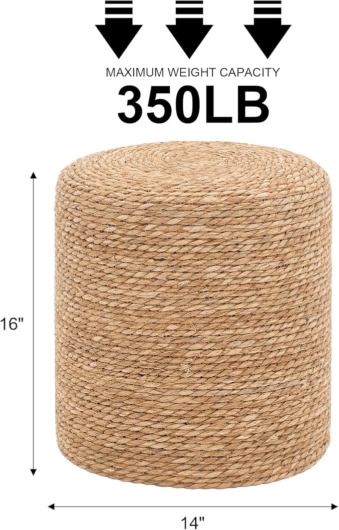 16'' Round Ottoman Natural Seagrass Braided Poof Hand Weaving Round Ottomans Boho Footrest Stool for Home Living Room Bedroom Patio(Natural)-Ruum Studio Home