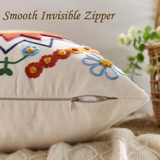 Embroidered Throw Pillow Cover 20x20 Classic Fall Boho Floral Pattern Pillows Cover Outdoor Decorative Pillowcase,Durable Cozy Textured Cushion Case for Sofa Couch Bed Living Room,Orange-Ruum Studio Home