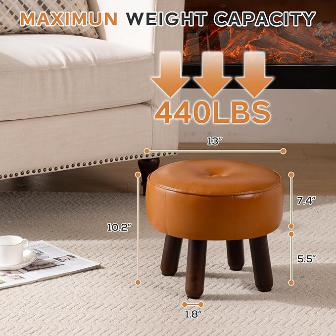 Small Foot Stool Ottoman, Round Pouf Foot Rest, Footstool Ottomans with Rubber Legs Under Desk, Faux Leather Footrest for Couch, Living Room, Bedroom, Hallway, Office, 13''L x 13''W x 10.2''H-Ruum Studio Home