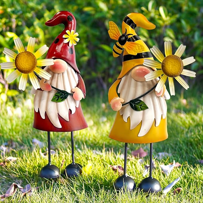 HONGLAND Gnome Metal Yard Art - Metal Gnome Statue -Gnome Outdoor Decorations - Bee and Ladybug Garden Statue- Christmas Holiday Lawn Patio Yard Garden Decor (Set of 2)-Ruum Studio Home