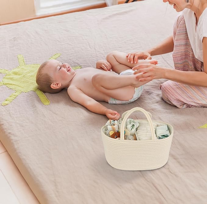 Diaper Caddy Organizer Cotton Rope Baby Basket Nursery Storage and Portable Tote Bag for Car Ideal Baby Shower Gifts and Registry Must-Have for Newborn Essentials Large beige-Ruum Studio Home