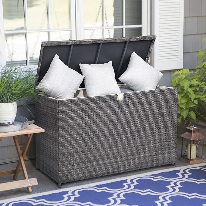 Super Patio Outdoor Patio Storage Box Waterproof, 120 Gallon Large Deck Box Wicker Storage Bin for Cushions, Garden Tools, Gray-Ruum Studio Home