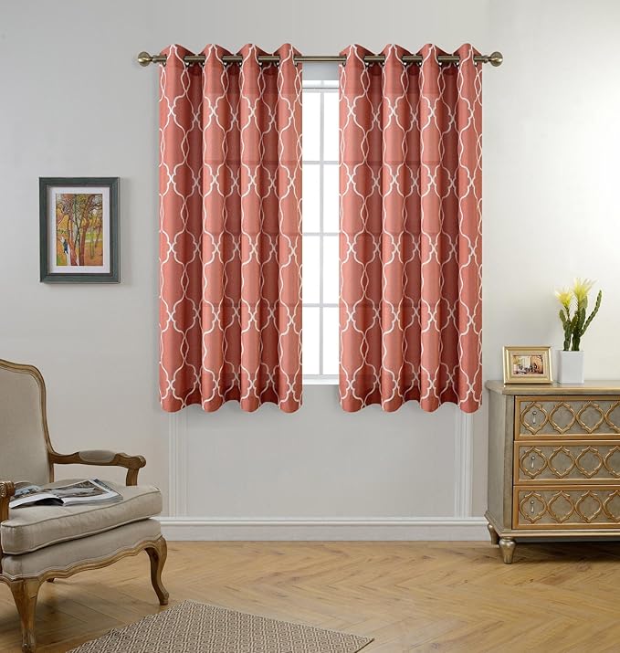 MIUCO Moroccan Embroidered Semi Sheer Curtains Faux Linen Grommet Window Curtains for Girls Room 52 x 63 Inch 2 Panels, Rust-Ruum Studio Home