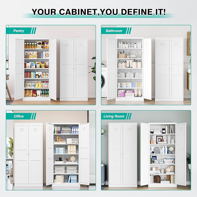 SISESOL White Metal Storage Cabinet,71" Tall Pantry Cabinet,Kitchen Pantry Storage Cabinets with 2 Doors and 6 Shelves,Wide Deep Food Cupboard for Home,Kitchen,Dining/Living Room-Ruum Studio Home
