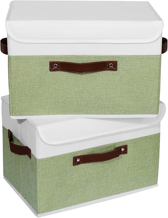 ANMINY 2PCS Storage Boxes with Lid Washable Decorative Storage Bins Basket with PU Leather Handle Foldable Linen Fabric Storage Cubes Containers for Home Closet Organizer - Green White, Large Size-Ruum Studio Home