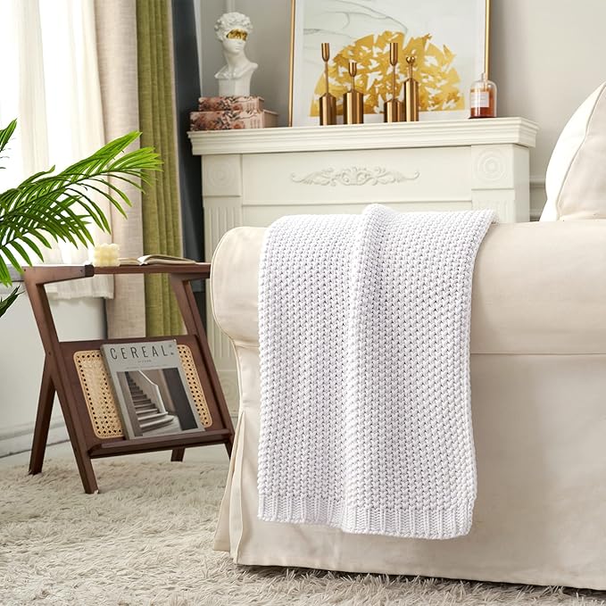 Chunky Cable Knit Throw Blanket Lightweight White 100% Organic Cotton Blanket for Sofa Couch Bed Baby Nursery, Rustic Shabby Chic Modern Farmhouse, Pure White 51” x 63” Give Laundering Bag-Ruum Studio Home