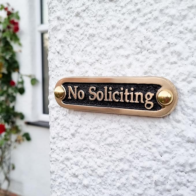 No Soliciting Brass Door Sign. Traditional Style Home Décor Wall Plaque Handmade By The Metal Foundry UK.-Ruum Studio Home