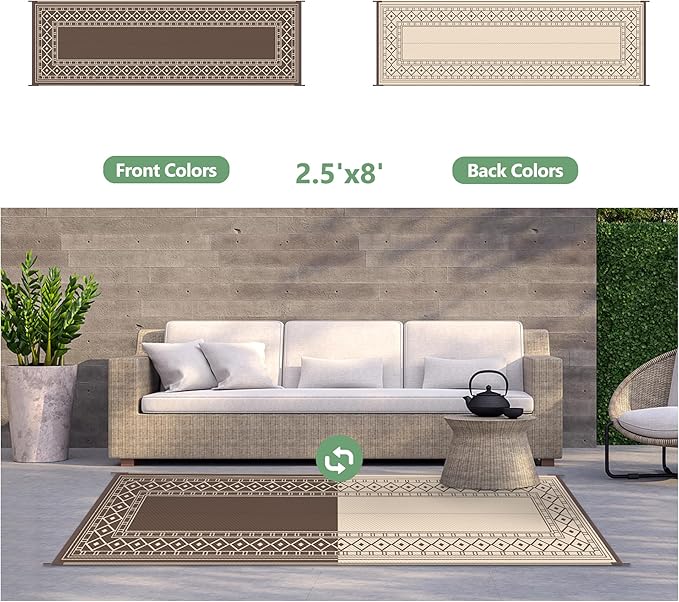 GENIMO Outdoor Rug Waterproof for Patio Decor, 2.5'x8' Foldable Reversible Plastic Straw Runner Rugs Carpet for Porch, Outside Area Mat for Rv, Deck, Picnic, Camper, Balcony, Coffee & Beige-Ruum Studio Home