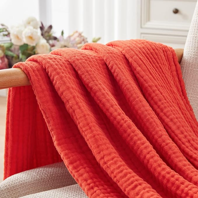 EMME Cotton Throw Blanket - 100% Muslin Soft, Breathable Gauze - All Season, Lightweight - Pre-Washed - Orange Rust, 50"x70"-Ruum Studio Home
