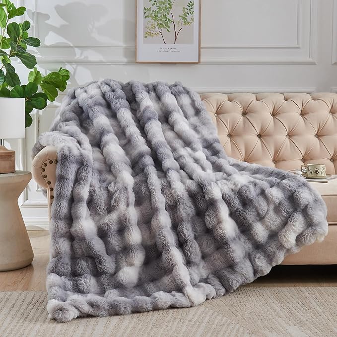 Lotus Karen Queen Size Faux Fur Blanket Tie-Dye Gray - Big Bubble Rabbit Fluff Throw for Bed Large Fluffy Fuzzy Cozy Thick Furry Plush Shaggy Blankets for Men 90x90 Inches-Ruum Studio Home