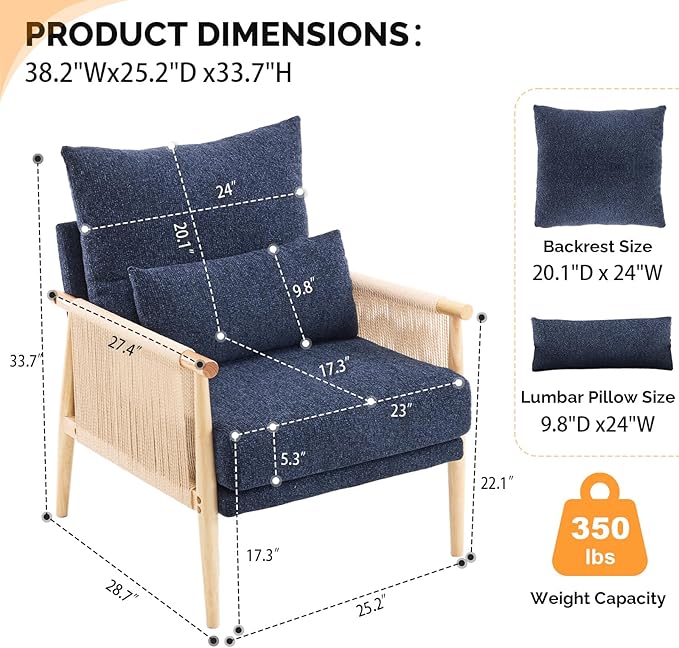 VINGLI Boho Braid Accent Armchairs Set of 2,Mid-Century Modern Chiars with Solid Wooden Armrest,Comfy Louge Cushion Chairs with Waist Pillow for Bedroom,Living Room,Reading Room, Blue-Ruum Studio Home
