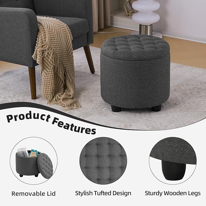 Furniliving 18.7inch Storage Round Ottoman, Footstools with Hidden Storage with Removable Lid, Stylish Button Tufted Design Ottoman Foot Stools for Living Room, Bedroom，Darkgrey-Ruum Studio Home