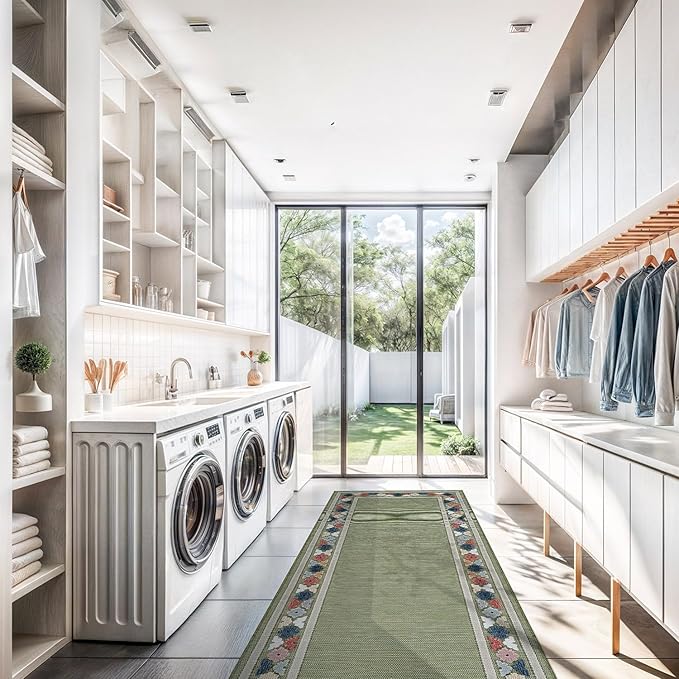 Beverly Rug Outdoor Runner Rug 2x7 Modern Floral Bordered Area Rugs for Indoor and Outdoor Patio Easy to Clean Non Shedding Living Room Porch Garden Washable Outside Carpet (2 x 7 Green)-Ruum Studio Home