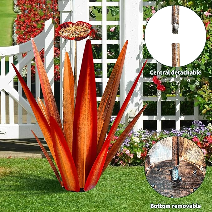Large Tequila Rustic Sculpture, Rustic Metal Agave Plants for Outdoor Patio Yard, Home Decor Hand Painted Metal Agave Garden Yard Statue, Outdoor Lawn Ornaments (Red - L (W/Bird Feeder))-Ruum Studio Home