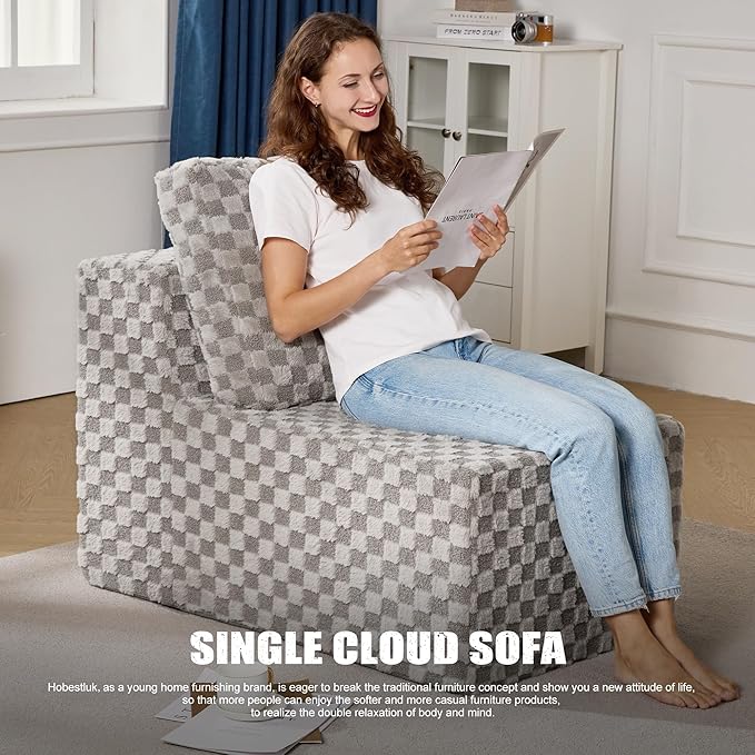 Single Sofa 1 Seat Couch with Deep Seat Memory Foam Cloud Chair with Pillows Large Sofa with L Shape for Living Room Bedroom (Plush Grey, Single)-Ruum Studio Home