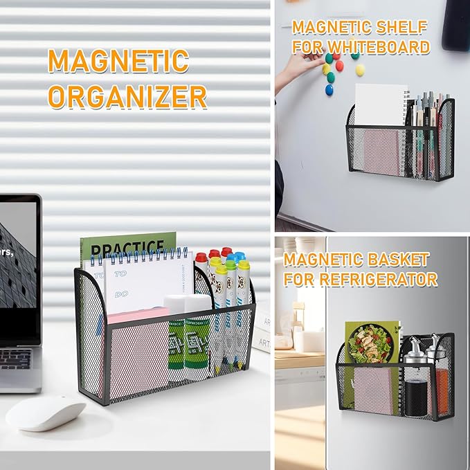 Magnetic Pencil Holder-Magnetic Basket for Fridge 3-Grid Mesh Magnetic Pen Holder for Refrigerator, Extra Strong Magnets Mesh Marker Holder Locker Accessories Organizer for Whiteboard-Ruum Studio Home