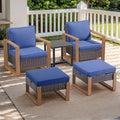 Outdoor Wicker Patio Furniture Set - 5 Piece Patio Conversation Set with 2 Wicker Armrest Chairs,2 Rattan Ottoman, 1 Side Table, Sturdy Frame, Thick Cushions, Deep Seating(Brown/Blue)-Ruum Studio Home