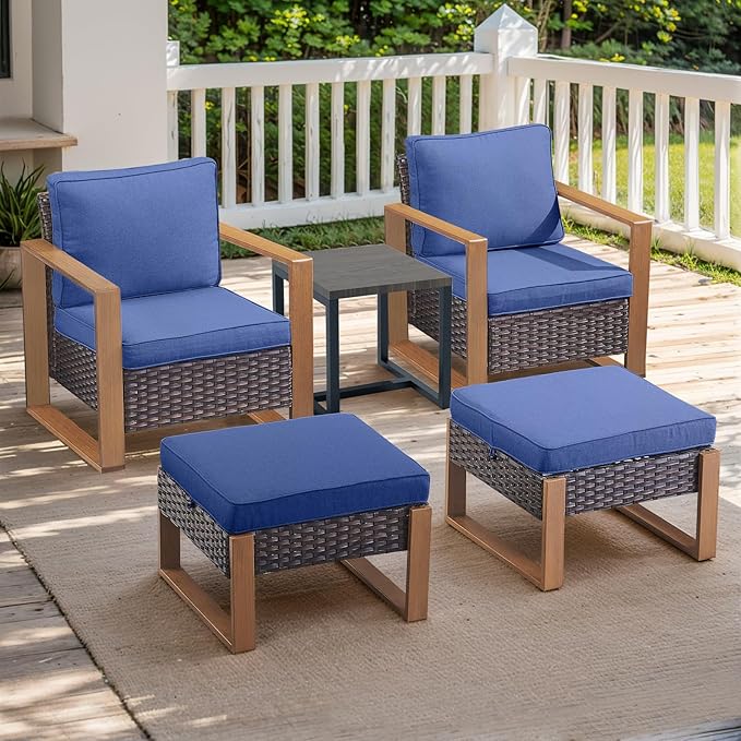 Outdoor Wicker Patio Furniture Set - 5 Piece Patio Conversation Set with 2 Wicker Armrest Chairs,2 Rattan Ottoman, 1 Side Table, Sturdy Frame, Thick Cushions, Deep Seating(Brown/Blue)-Ruum Studio Home