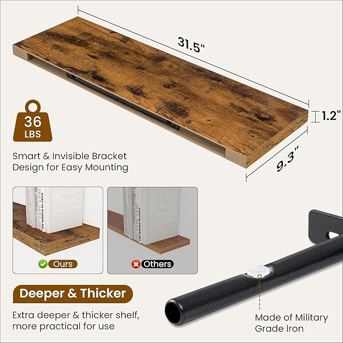 Fun Memories Floating Shelves for Wall, 32 Inch Rustic Wood Wall Mounted Shelves for Bathroom, Bedroom, Kitchen, Living Room, Deep Floating Shelves for Storage & Home Decor (Brown,Set of 2)-Ruum Studio Home