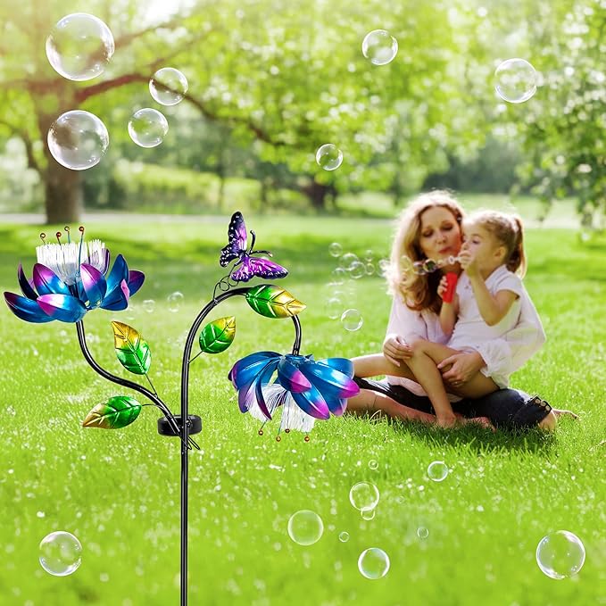 50'' Solar Powered Kinetic Wind Spinner Sculpture Blue Lotus Metal Stake Spinner for Patio, Lawn and Garden Decor Weather Resistant Outdoor Art with Dual Lotus with Butterfly Design-Ruum Studio Home