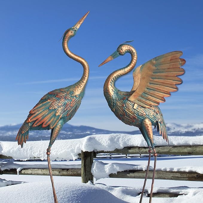 33-37 Inch Metal Crane Garden Statue Décor, Bird Heron Garden Sculpture & Statues, Outdoor Decoration for Yard Pond Lawn Backyard Pool, Vintage Spread Wings Crane, Set of 2 Copper…-Ruum Studio Home