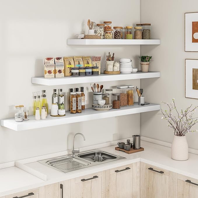 RICHFOCUS 40Inch Floating Shelves for Wall 2 Pack Shelves for Bedroom|Kitchen|Bathroom Wall Mounted Rustic Wood Floating Shelf with Invisible Brackets for Books|Storage|Decor, White-Ruum Studio Home