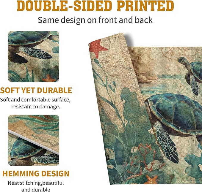 Sea Turtle Placemats Set of 4 Summer Beach Seasonal Linen Table Mats 12x18 Inch Vintage Ocean Animal Heat Resistant Washable Non-Slip Place Mats for Party Kitchen Dining Decoration-Ruum Studio Home