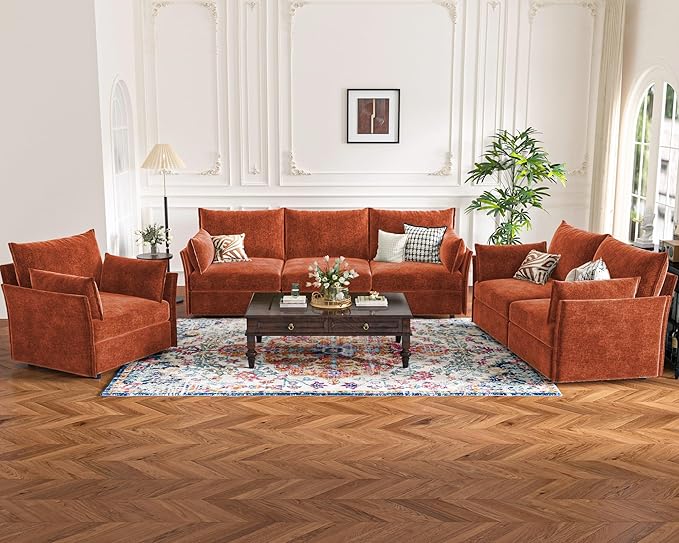 102.6" Modular Sectional Sofa, Oversized 3-Seater Terracotta Orange Couch with Removable Chenille Fabric Cover, Deep Seat & High Backrest for Living Room, Office & Apartment-Ruum Studio Home