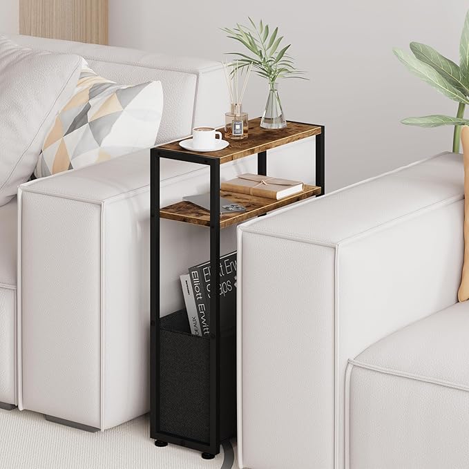 Narrow Side Table, Slim End Tables with Fabric Basket, Skinny Table for Small Spaces, Thin Bedside Table for Living Room, Bedroom-Ruum Studio Home