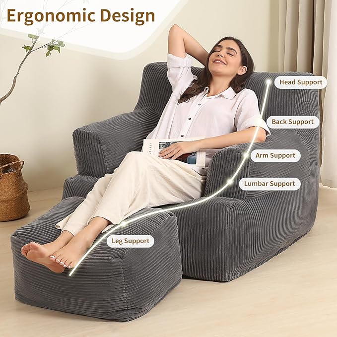 Comfy Gaint Bean Bag Chair with Ottoman, Huge Bean Bag Armchair for Adults and Teens, Dark Grey-Ruum Studio Home
