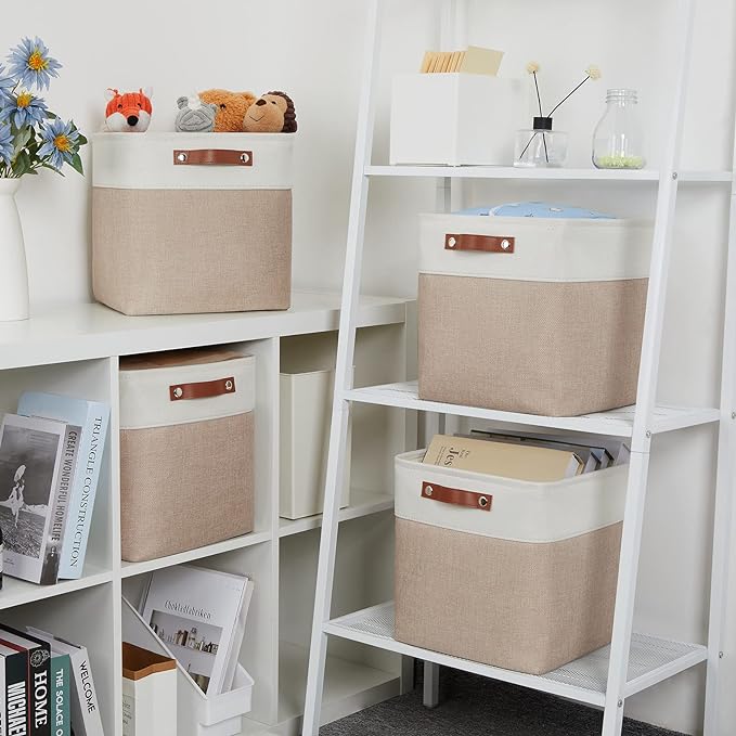 DULLEMELO Cube Storage Bins - 4 Pack Foldable Large Storage Baskets 12 inch Gifts Empty Fabric Bins for Home Office Cubes Organizer Closet, Shelves, Toy, Nursery (4 Pack - 12" White&Khaki)-Ruum Studio Home