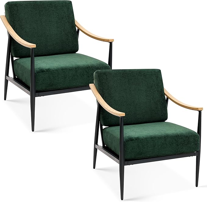 Modern Accent Chairs Set of 2 for Living Room Bedroom Mid Century Arm Chairs Upholstered Office Accent Chairs Comfy Waiting Room Chairs with Metal Frame, Green-Ruum Studio Home