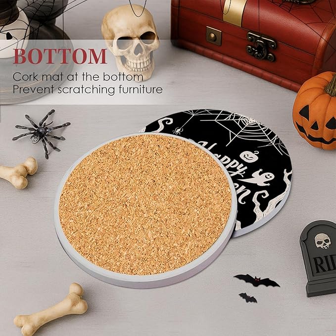 Coaster for Drinks Set of 6, Happy Halloween Pumpkin Spider Web Black Absorbent Round Ceramic Stone Mat, with Cork Base and Metal Holder, Gift for Housewarming Room Bar Decor-Ruum Studio Home