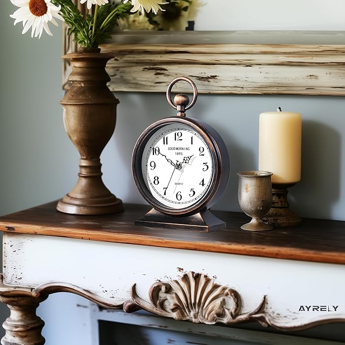 AYRELY® 7-Inch Vintage Mantel Clock with Handle,Antique Metal Desk Clocks Battery Operated,Retro Table Clock for Bedroom Living Room Shelf Farmhouse Fireplace Décor-Ruum Studio Home