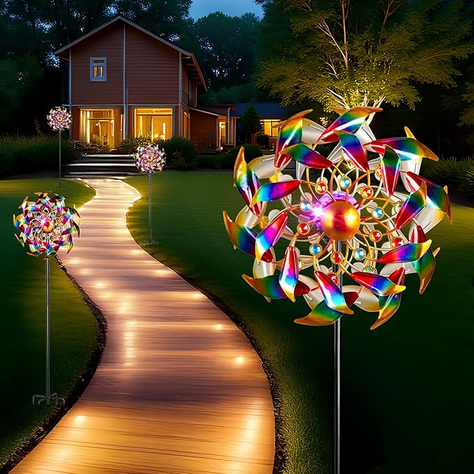 Solar Wind Spinners for Yard and Garden - 360° Metal Large Wind Sculptures Outdoor Clearance Kinetic Windmills with 4 Layer Jeweled Blades for Patio, Lawn Garden Decoration - 54Inch-Ruum Studio Home